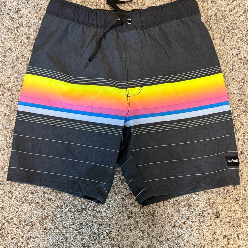 Hurley boys Black Swim Shorts with Multicolor Stripe
